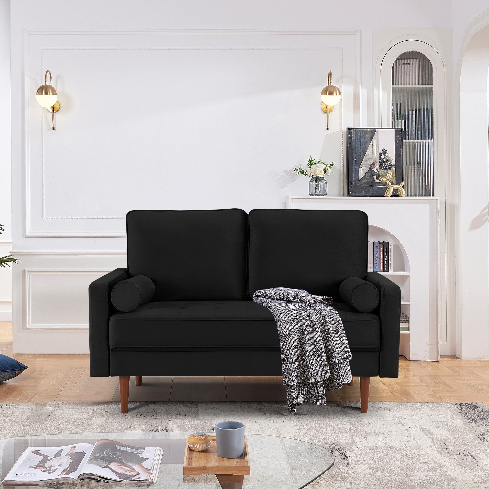 Black Dixie 57" Upholstered Tufted Loveseat with Bolster Pillows