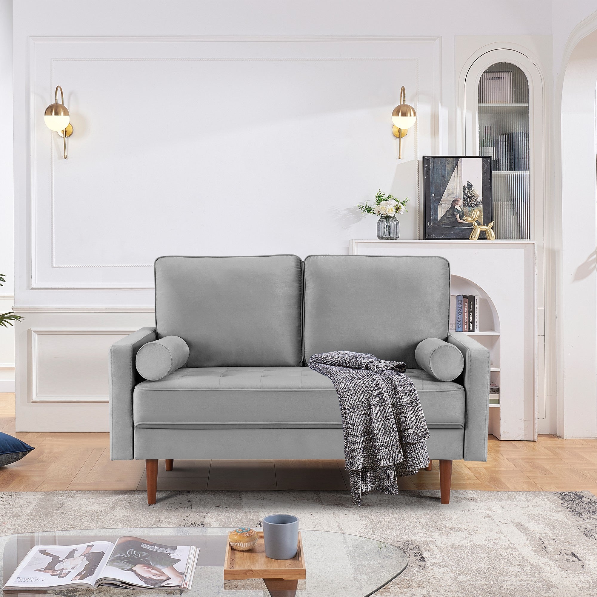 Grey Dixie 57" Upholstered Tufted Loveseat with Bolster Pillows